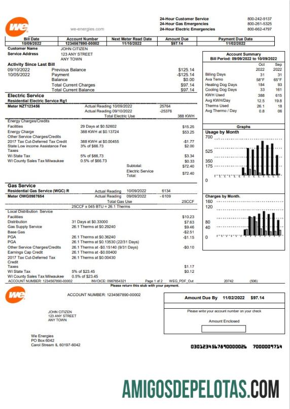imprimível Modelo de conta de serviços públicos dos EUA em formato Word e PDF